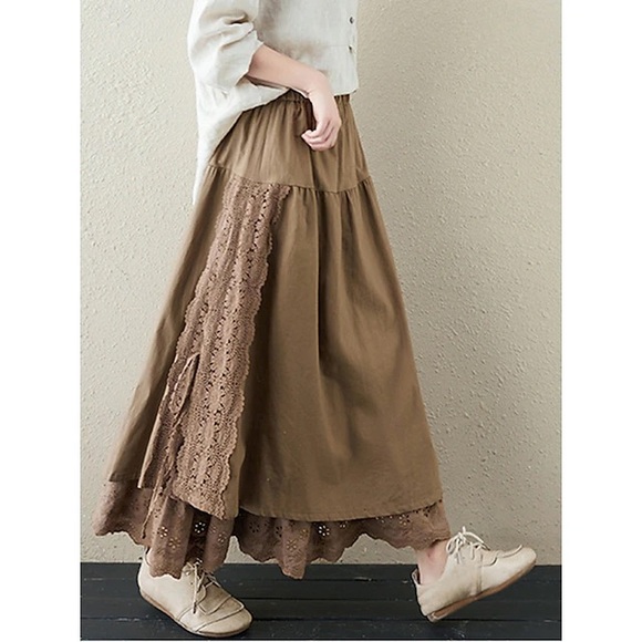 no brand Dresses & Skirts - Boho Cottagecore Lace Panel Midi Skirt | Taupe Tiered Prairie Skirt